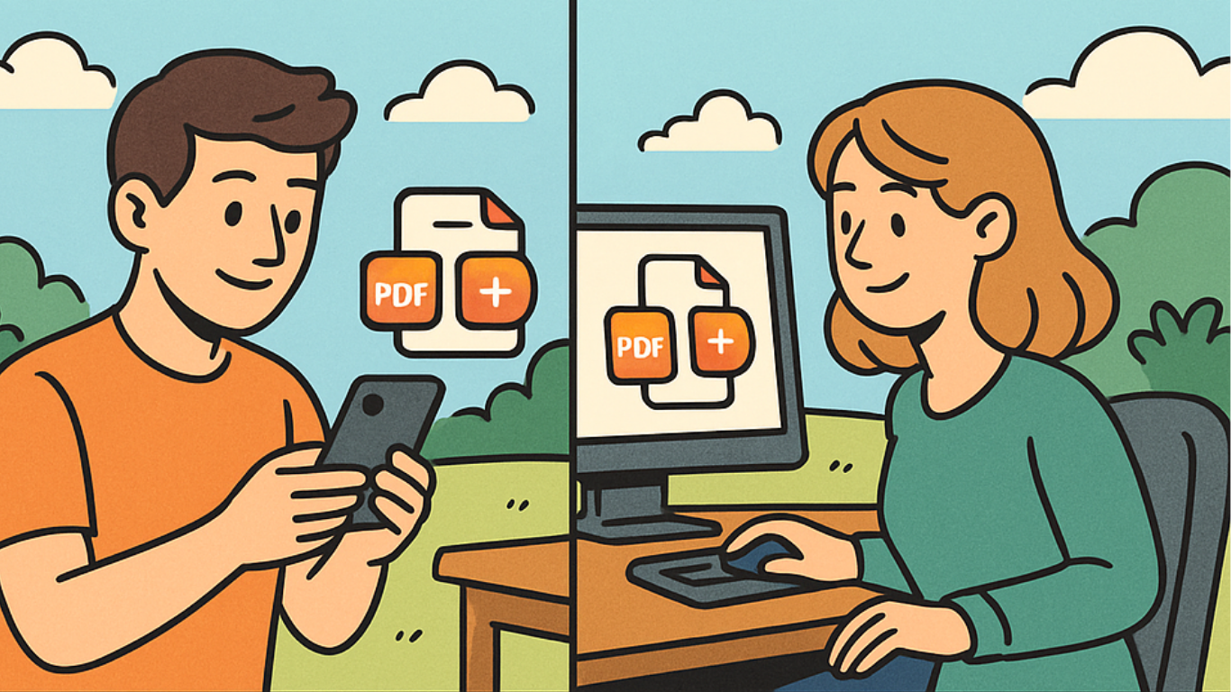 Cartoon illustration comparing merging PDFs on mobile and desktop. Shows a person using a phone outdoors and another person using a computer at a desk, with PDF icons and text explaining the pros and cons.